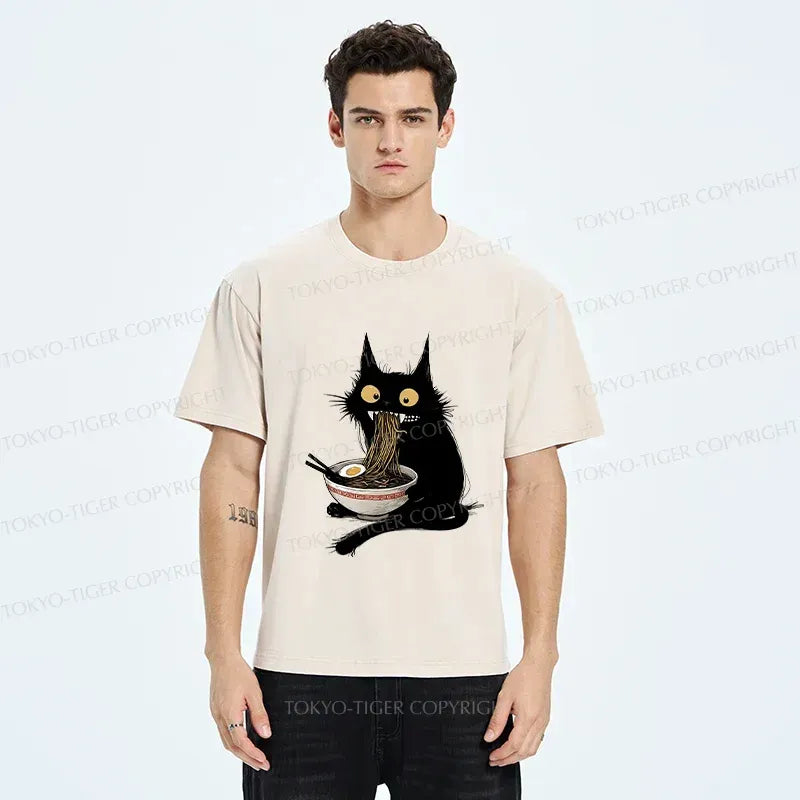 Japanese Cat Ramen Washed T-Shirt
