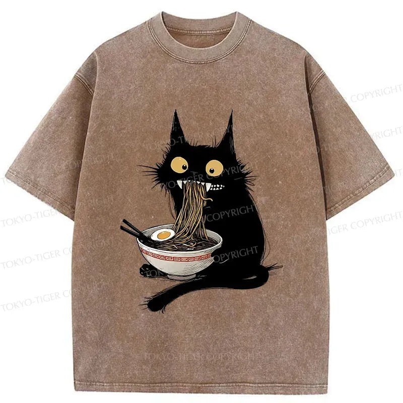 Japanese Cat Ramen Washed T-Shirt