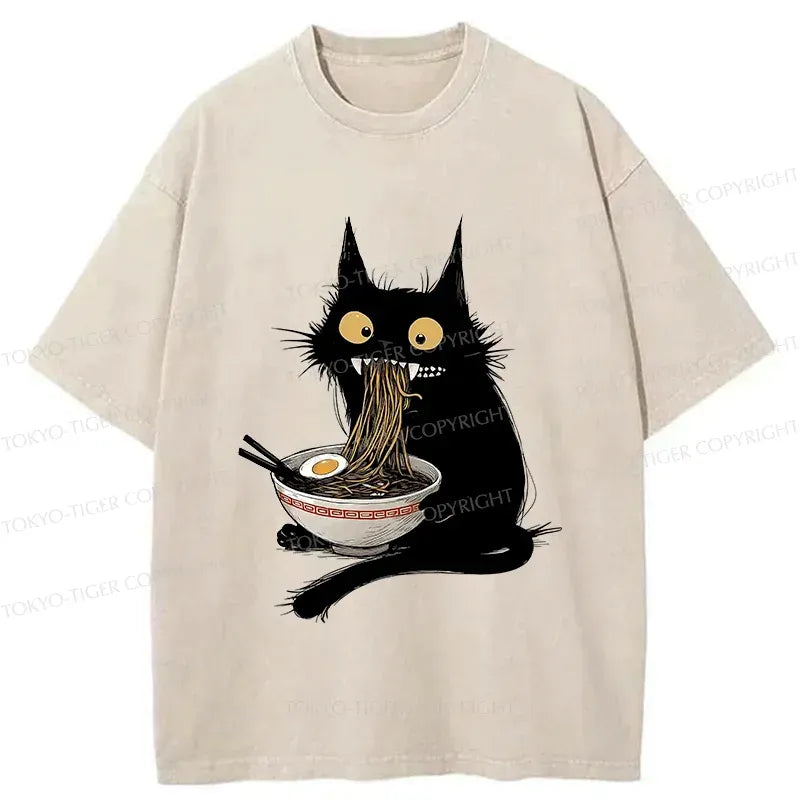 Japanese Cat Ramen Washed T-Shirt