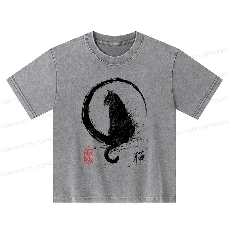 Kyoto-Lion Retro Japanese Black Cat Kids Washed T-Shirt