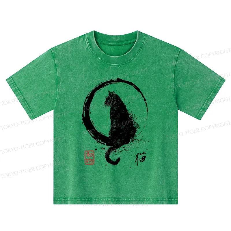 Kyoto-Lion Retro Japanese Black Cat Kids Washed T-Shirt