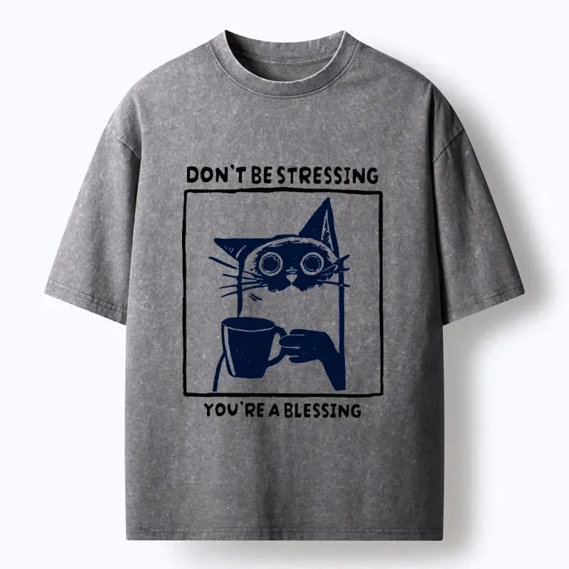 Kyoto-Lion Coffee Cat Blessing Meme Washed T-Shirt