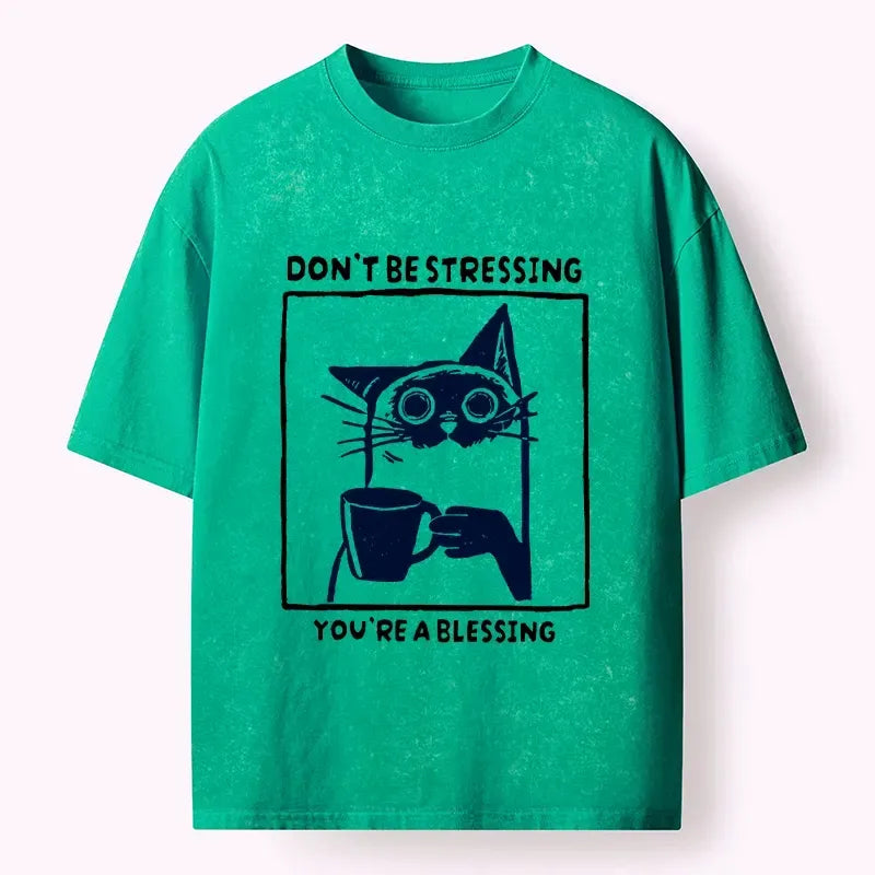 Kyoto-Lion Coffee Cat Blessing Meme Washed T-Shirt