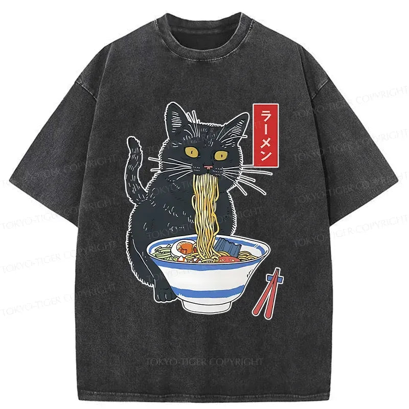 Kyoto-Lion Black Cat Eats Delicious Ramen Washed T-Shirt