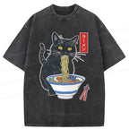 Kyoto-Lion Black Cat Eats Delicious Ramen Washed T-Shirt