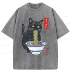 Kyoto-Lion Black Cat Eats Delicious Ramen Washed T-Shirt