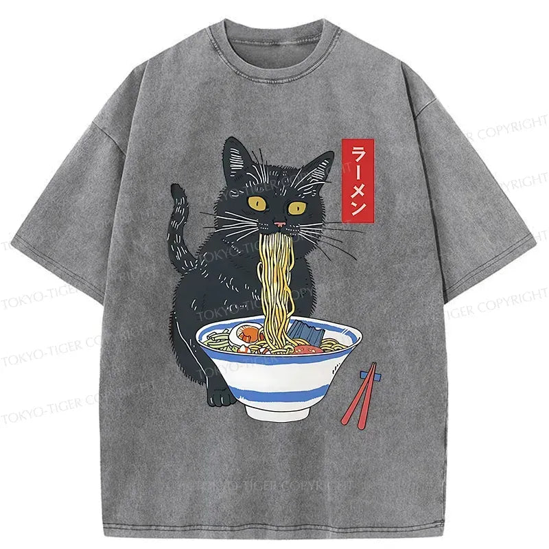 Kyoto-Lion Black Cat Eats Delicious Ramen Washed T-Shirt