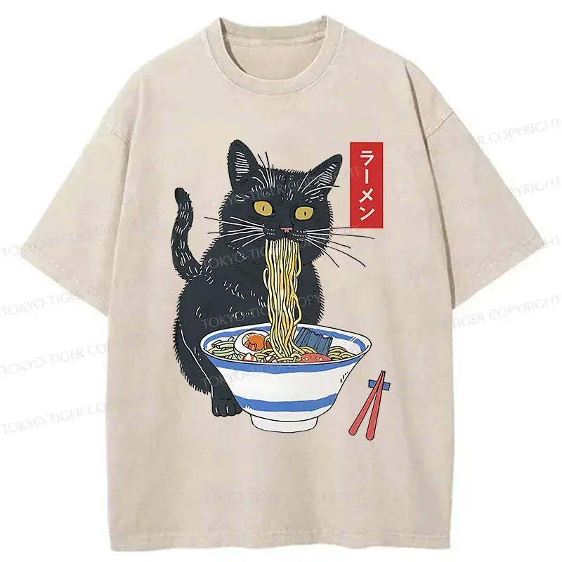 Kyoto-Lion Black Cat Eats Delicious Ramen Washed T-Shirt