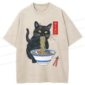 Kyoto-Lion Black Cat Eats Delicious Ramen Washed T-Shirt