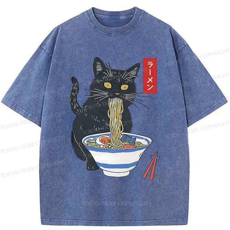 Kyoto-Lion Black Cat Eats Delicious Ramen Washed T-Shirt