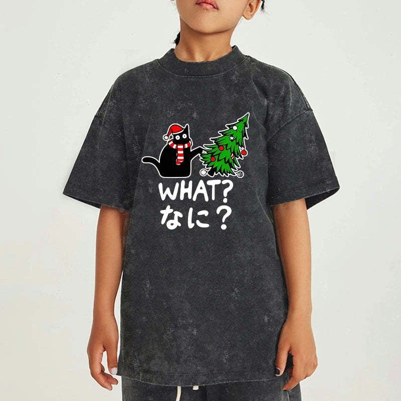 Kyoto-Lion Naughty Cat Christmas Kids Washed T-Shirt