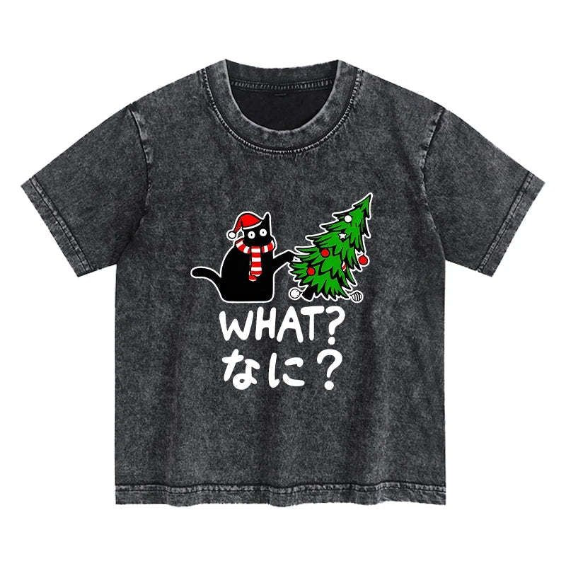 Kyoto-Lion Naughty Cat Christmas Kids Washed T-Shirt