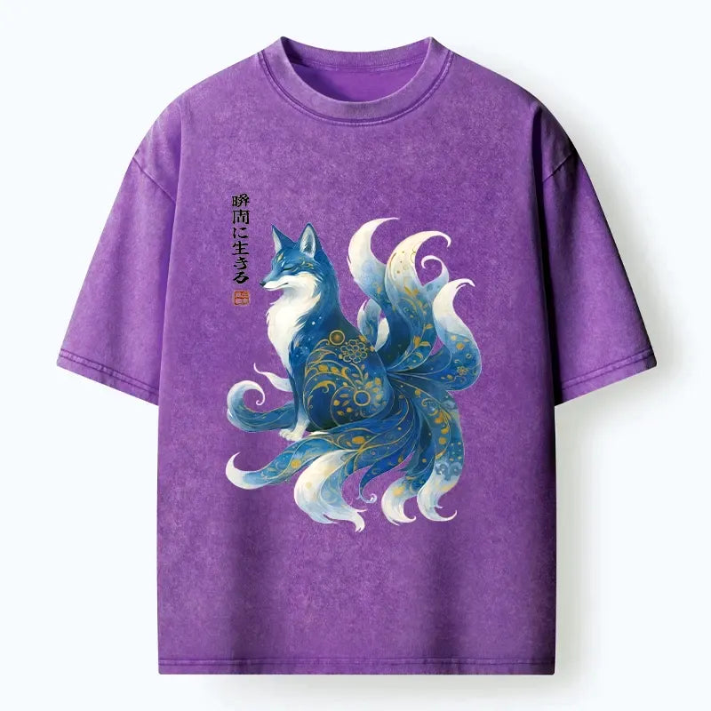 Kyoto-Lion Serene Fox In Japanese Ink Style Washed T-Shirt