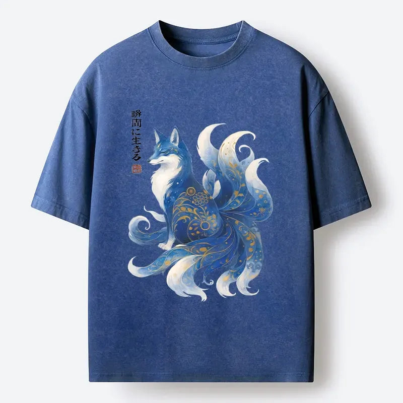 Kyoto-Lion Serene Fox In Japanese Ink Style Washed T-Shirt