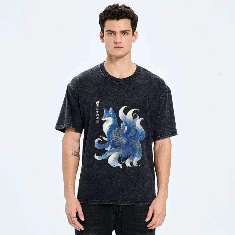 Kyoto-Lion Serene Fox In Japanese Ink Style Washed T-Shirt