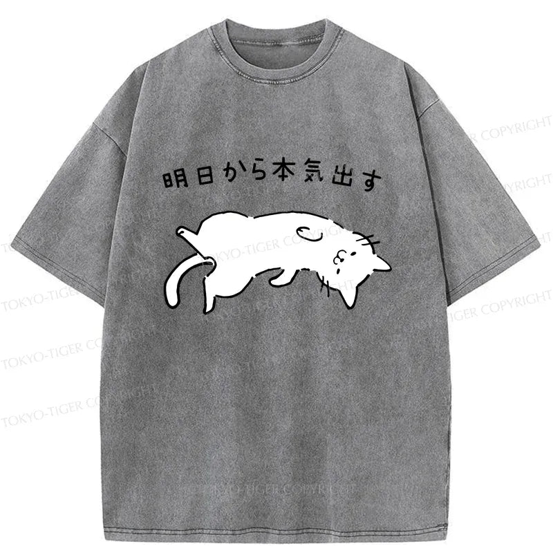 Kyoto-Lion Lazy Cat Funny Washed T-Shirt