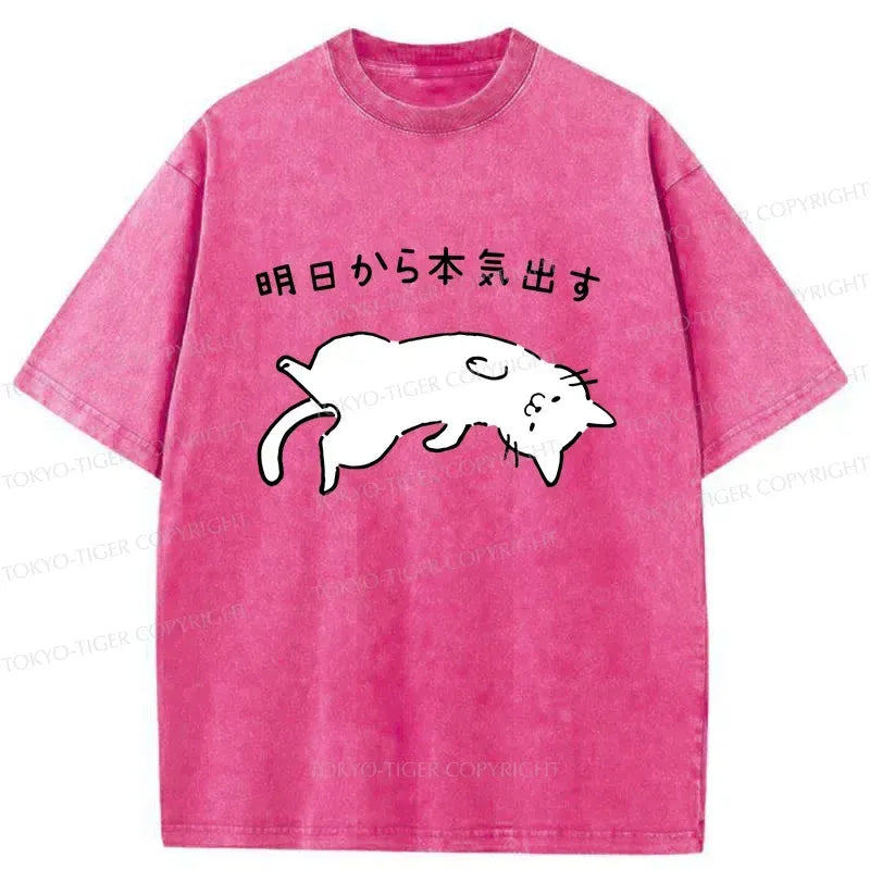Kyoto-Lion Lazy Cat Funny Washed T-Shirt