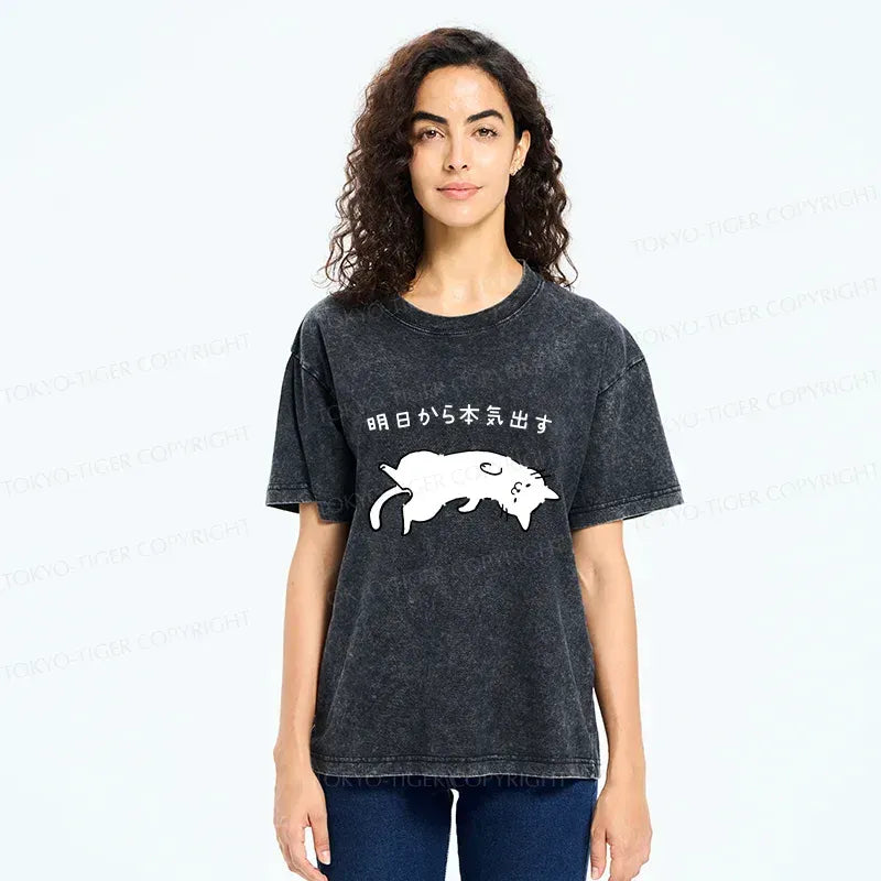 Japanese Funny Cat Washed T-Shirt