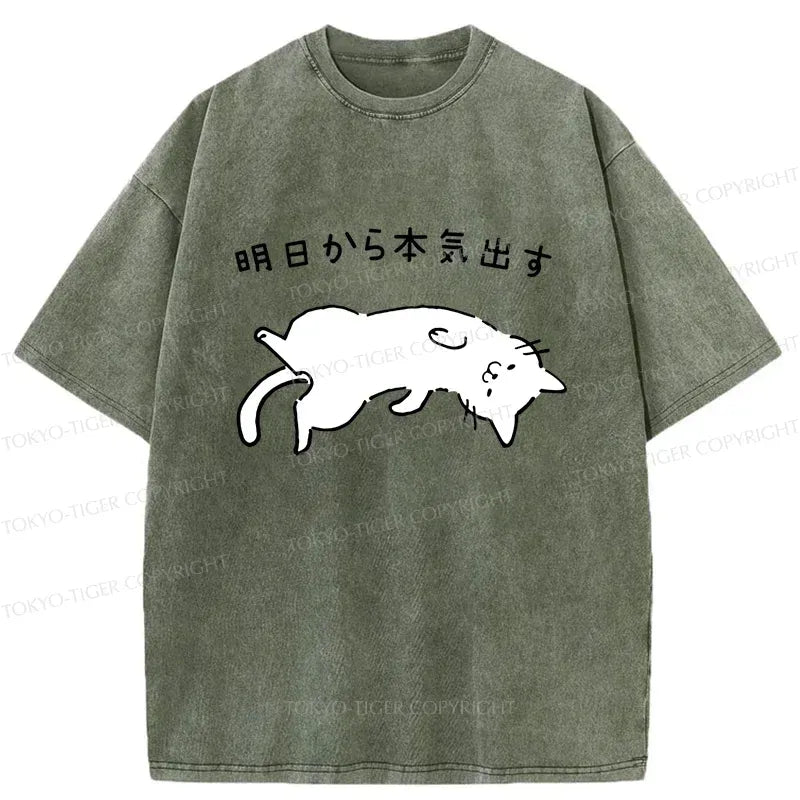 Kyoto-Lion Lazy Cat Funny Washed T-Shirt
