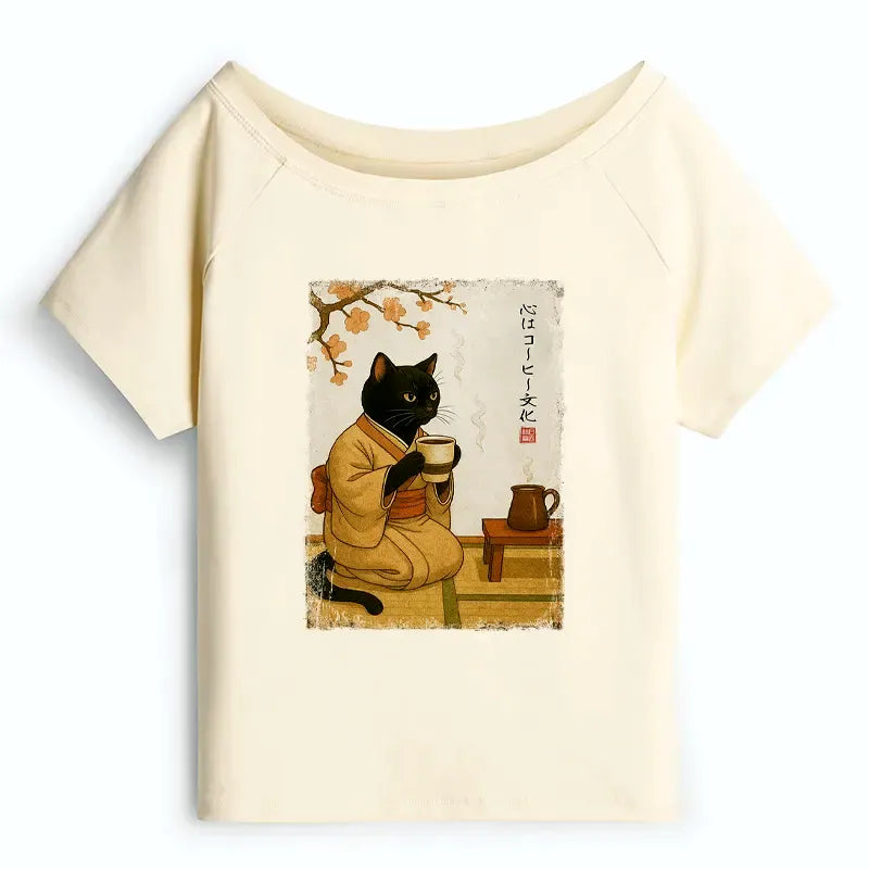 Kyoto-Lion Cat Heart Full Of Coffee Off Shoulder T-Shirt