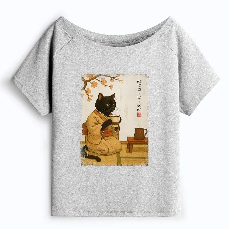 Japanese Cat Off Shoulder Shirt for Women