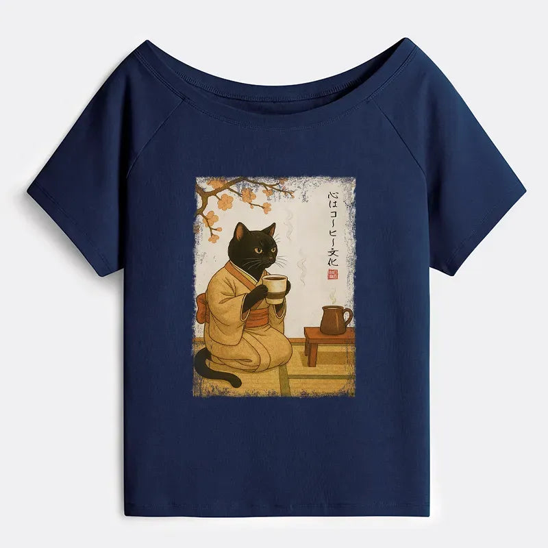 Kyoto-Lion Cat Heart Full Of Coffee Off Shoulder T-Shirt