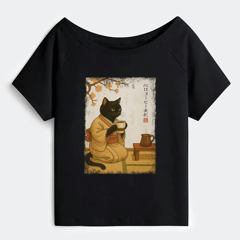 Kyoto-Lion Cat Heart Full Of Coffee Off Shoulder T-Shirt