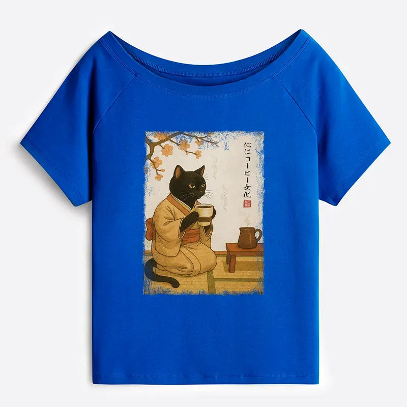 Kyoto-Lion Cat Heart Full Of Coffee Off Shoulder T-Shirt