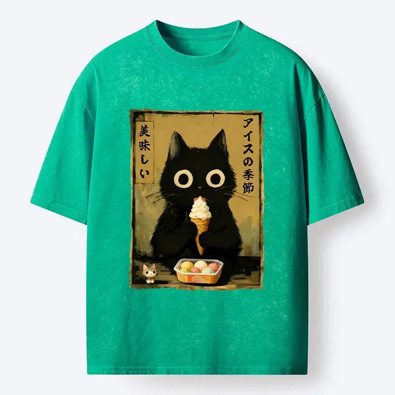 Washed Vintage Cat Shirt for Summer