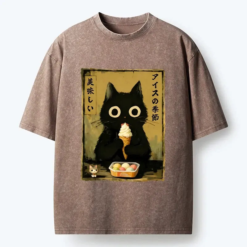 Washed Vintage Cat Shirt for Summer