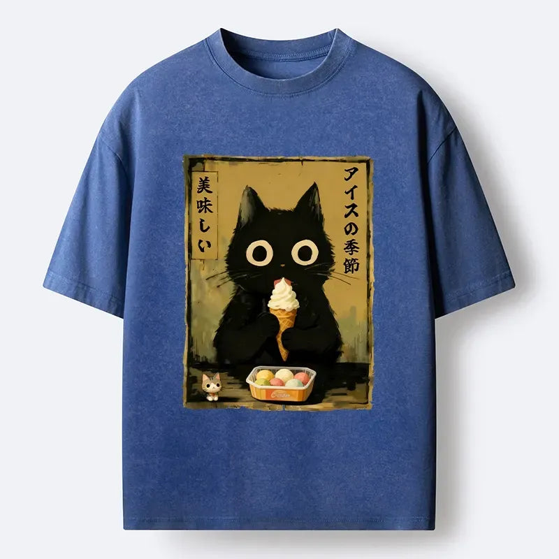 Kyoto-Lion Black Cat Loves Ice Cream Washed T-Shirt