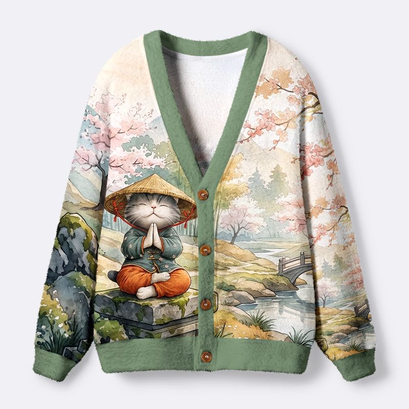 Kyoto-Lion Zen Relax Cat Graphic Ugly Cardigan Sweater