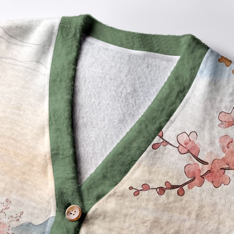 Kyoto-Lion Zen Relax Cat Graphic Ugly Cardigan Sweater