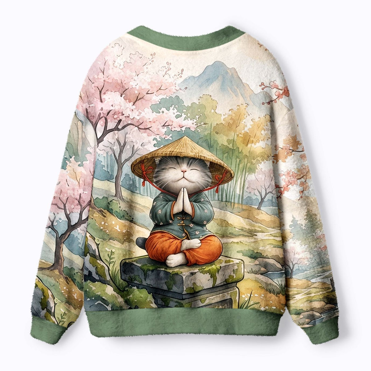 Kyoto-Lion Zen Relax Cat Graphic Ugly Cardigan Sweater