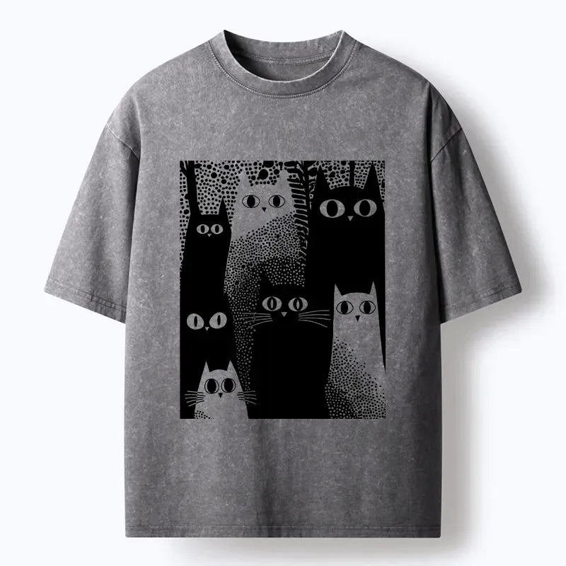 Kyoto-Lion Multiple Cool Cats Retro Graphic Art Washed T-Shirt