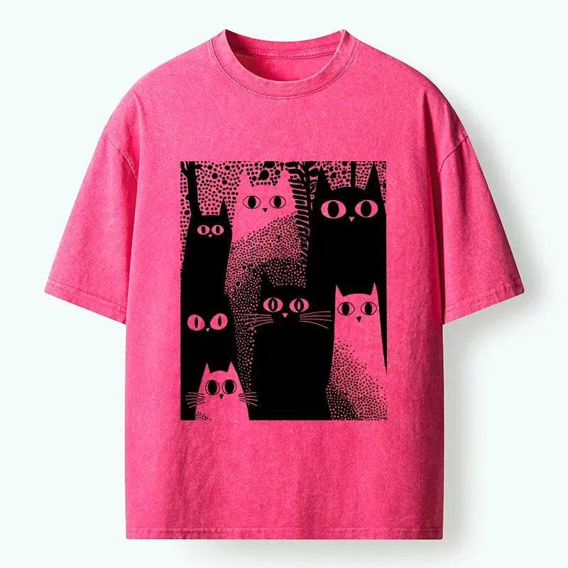 Kyoto-Lion Multiple Cool Cats Retro Graphic Art Washed T-Shirt