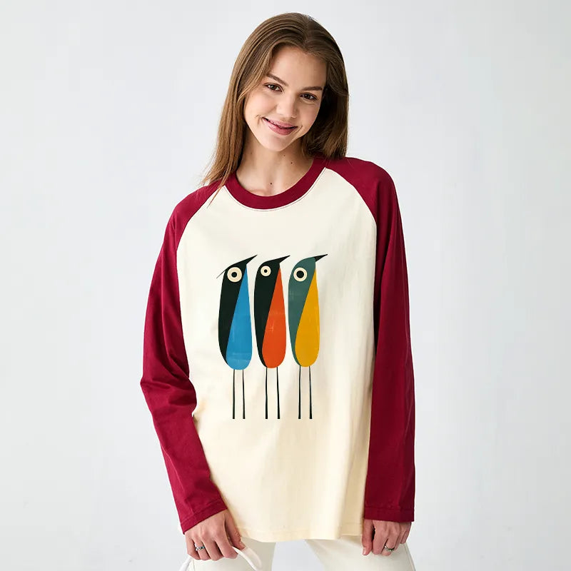 Kyoto-Lion Bold Shape Birds Raglan Long Sleeve T-shirt