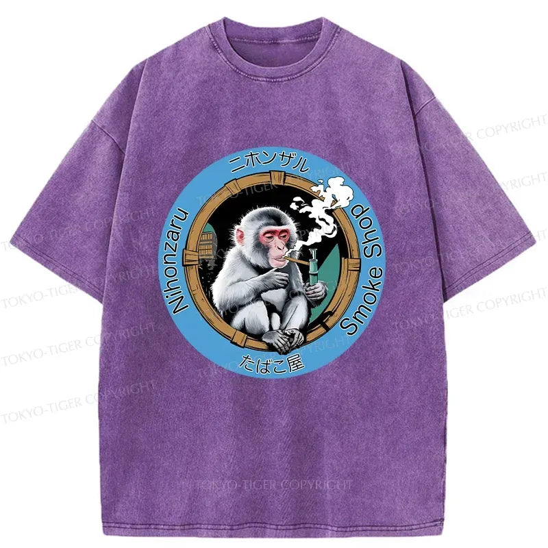 funny japanese monkey washed t-shirt for streetwear