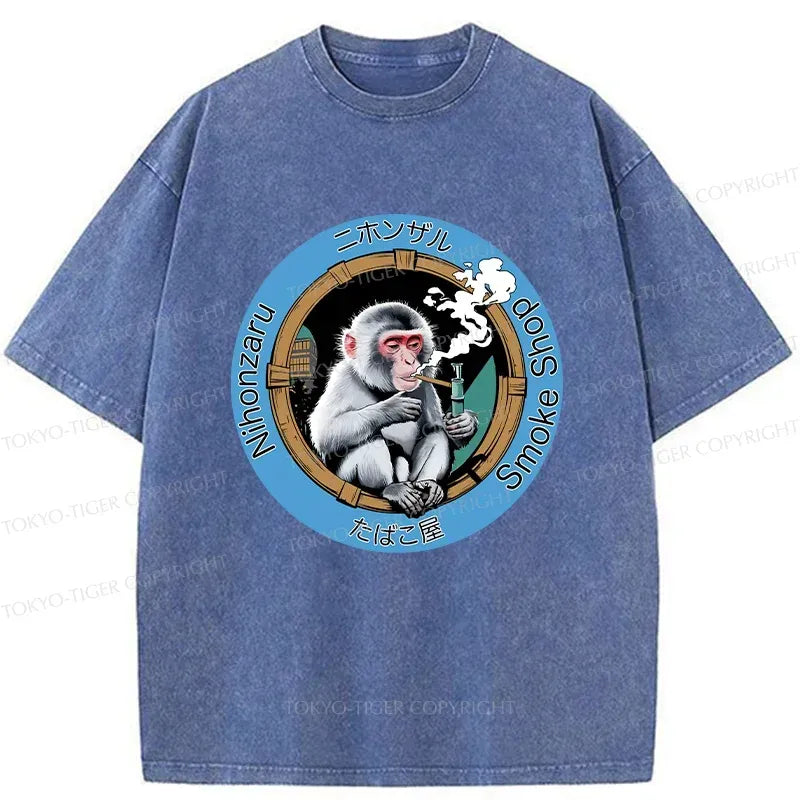 funny japanese monkey washed t-shirt for streetwear