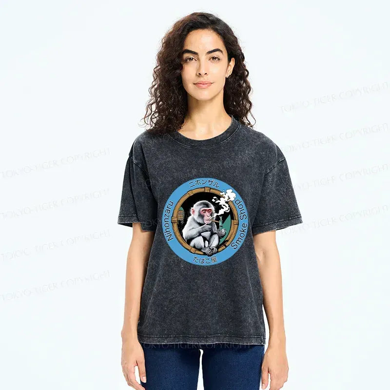 Kyoto-Lion Funny Japanese Monkey Washed T-Shirt