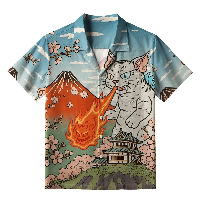 Fire Breathing Cat Mount Fuji Aloha Shirt