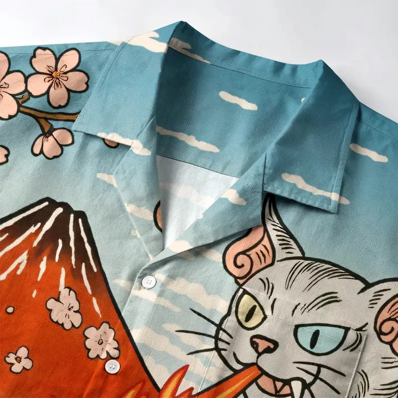 Kyoto-Lion Fire-Breathing Cat Beside Mount Fuji Aloha Hawaiian Shirt