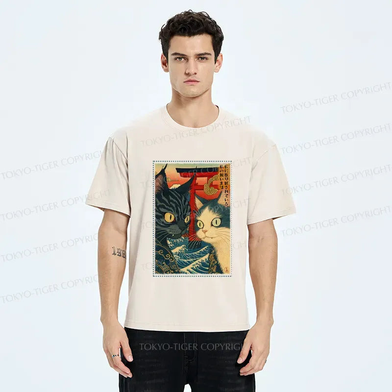 Kyoto-Lion Ukiyoe Cat Teased Owner Poster Washed T-Shirt