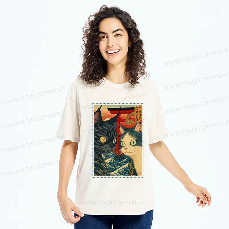 Kyoto-Lion Ukiyoe Cat Teased Owner Poster Washed T-Shirt
