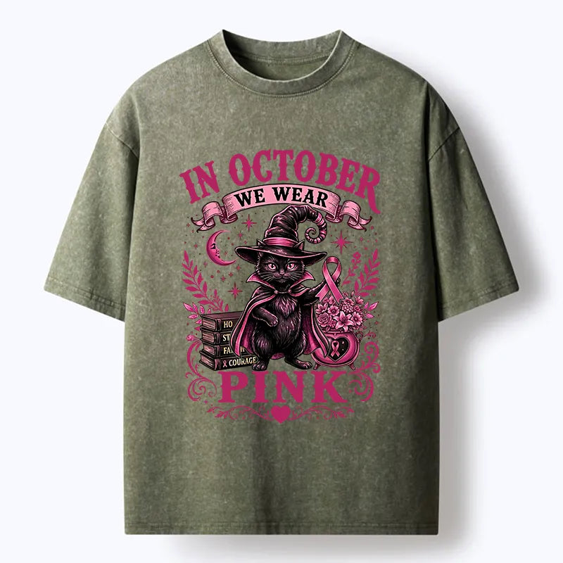 Kyoto-Lion Witch Cat Breast Cancer Awareness Washed T-Shirt