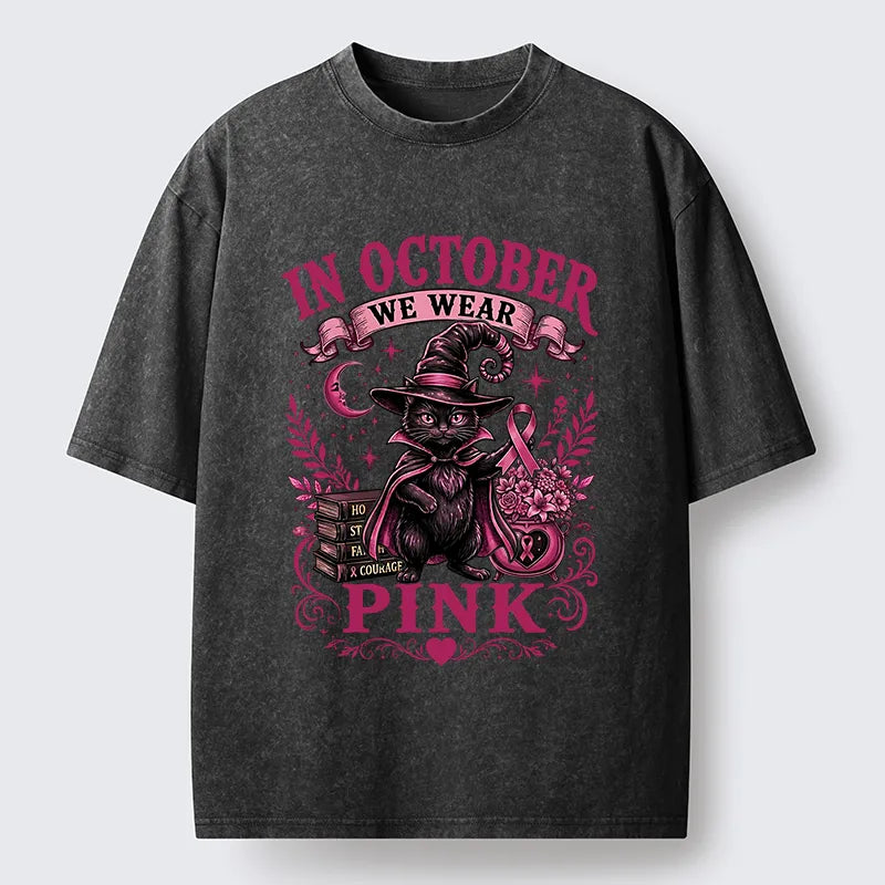 Kyoto-Lion Witch Cat Breast Cancer Awareness Washed T-Shirt