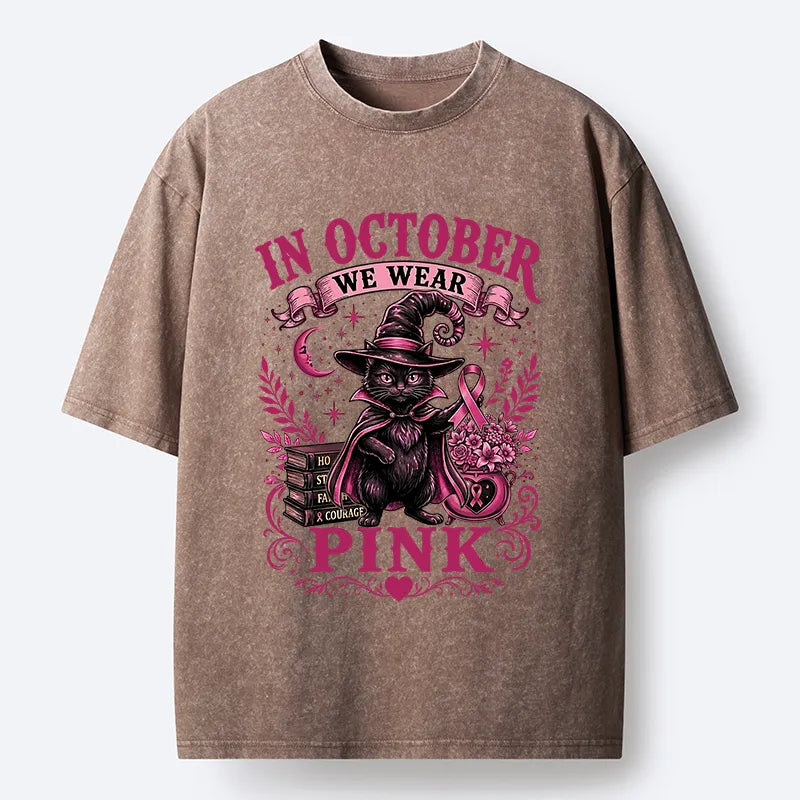 Kyoto-Lion Witch Cat Breast Cancer Awareness Washed T-Shirt