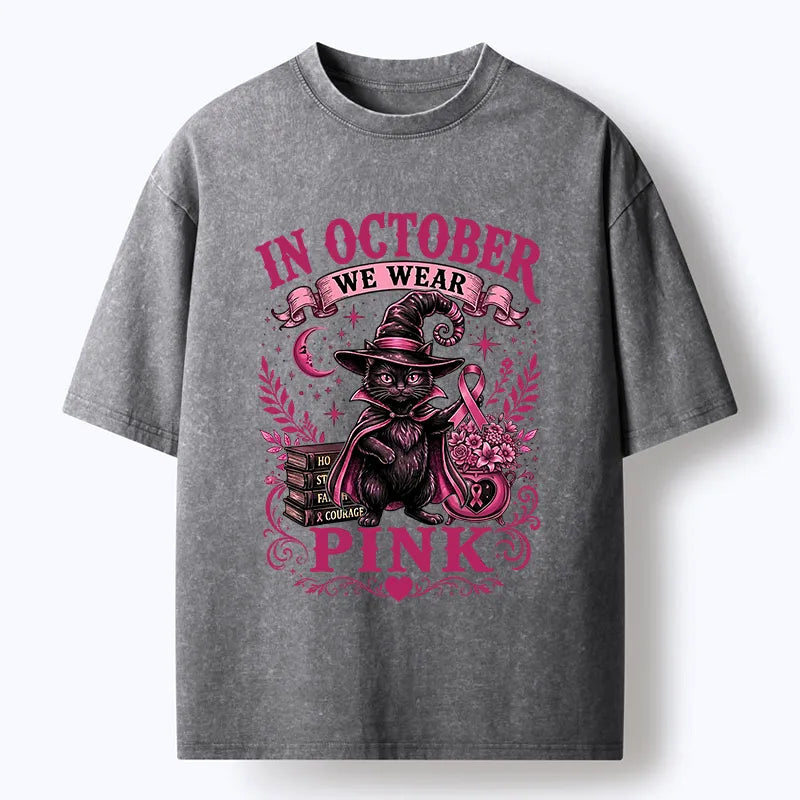 Kyoto-Lion Witch Cat Breast Cancer Awareness Washed T-Shirt