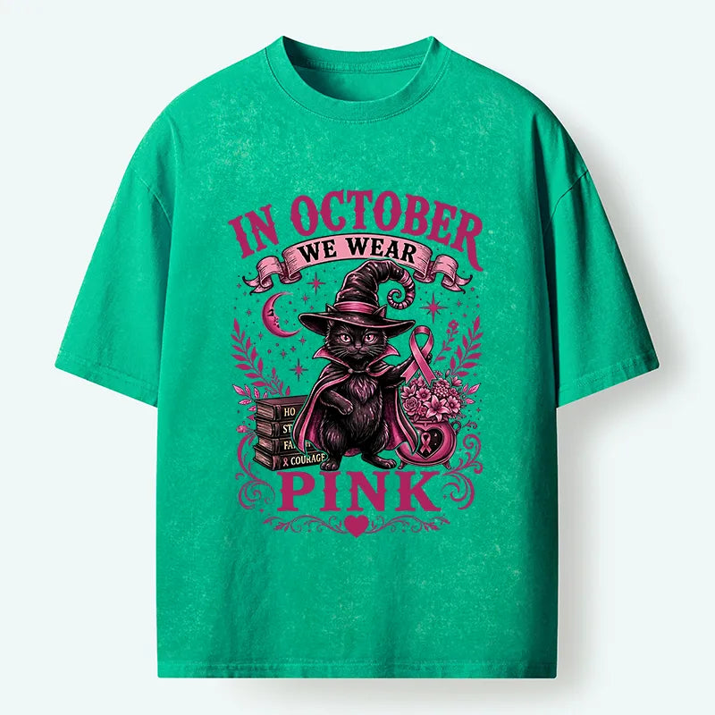 Kyoto-Lion Witch Cat Breast Cancer Awareness Washed T-Shirt