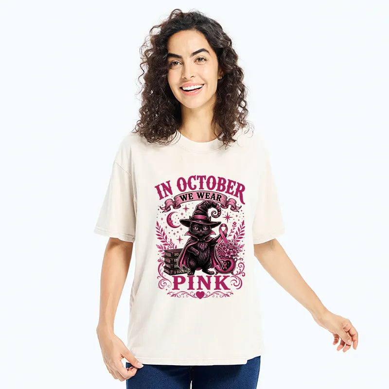 Kyoto-Lion Witch Cat Breast Cancer Awareness Washed T-Shirt